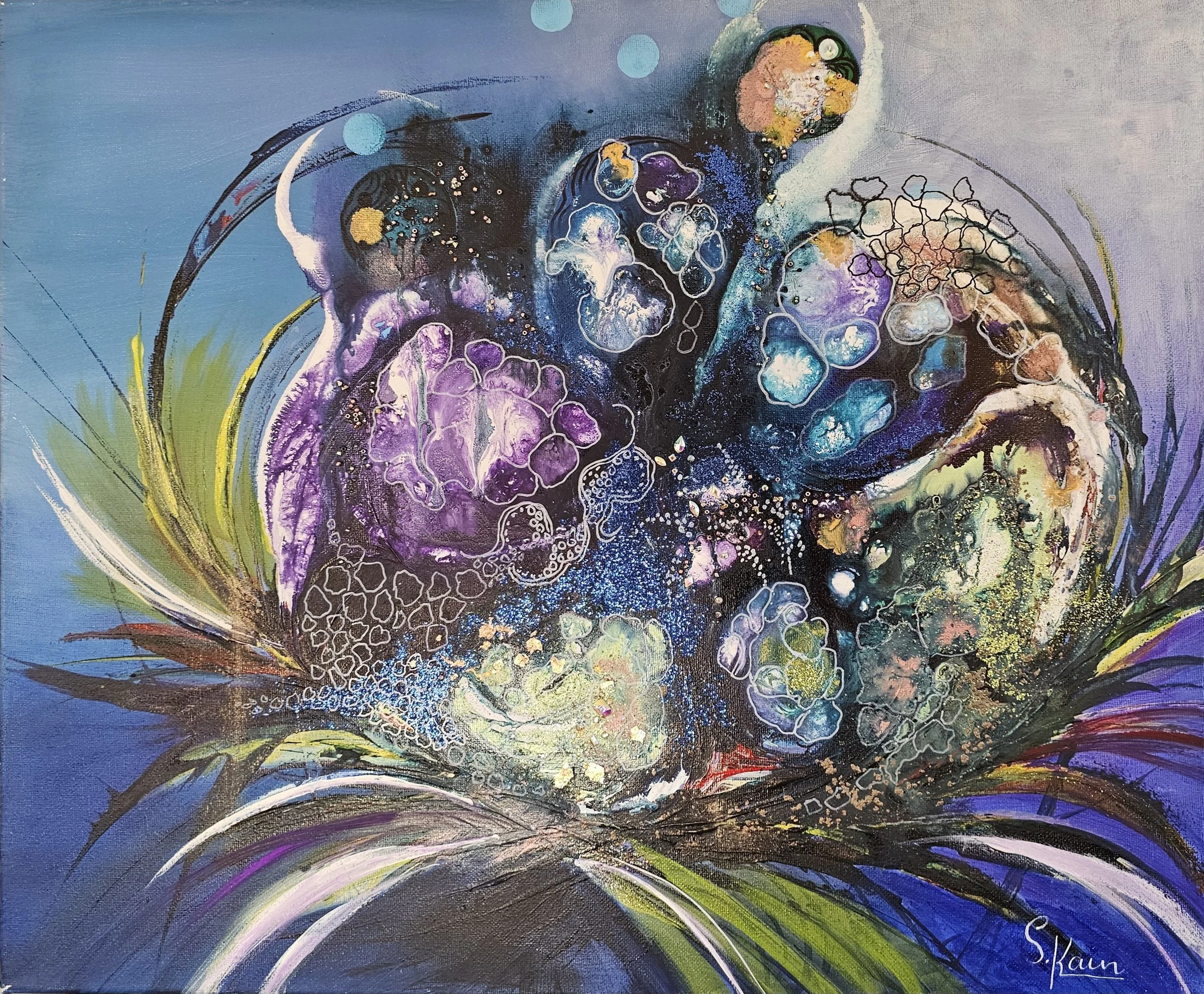 An abstract painting with vibrant colors, including purple, blue, green, yellow, black, and white, depicting swirling and bubbly patterns.