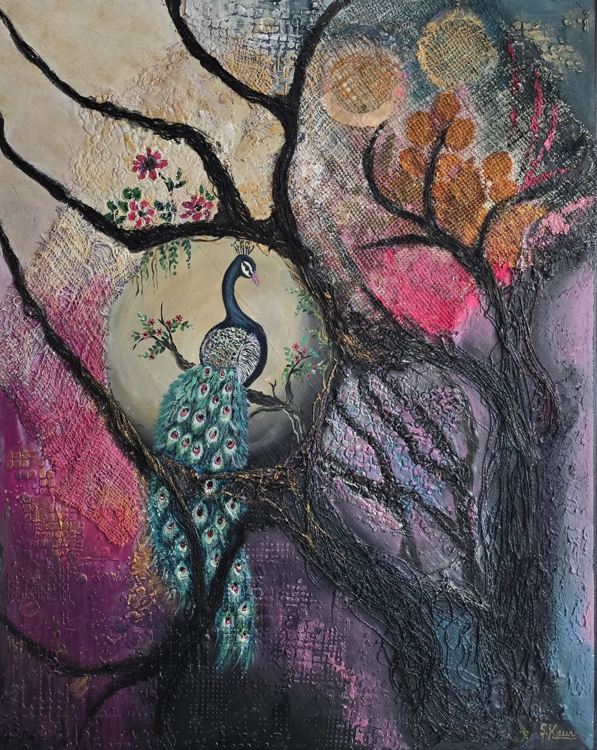 An abstract painting featuring a peacock perched on a branch with a stylized background of colorful, swirling patterns and textured elements.