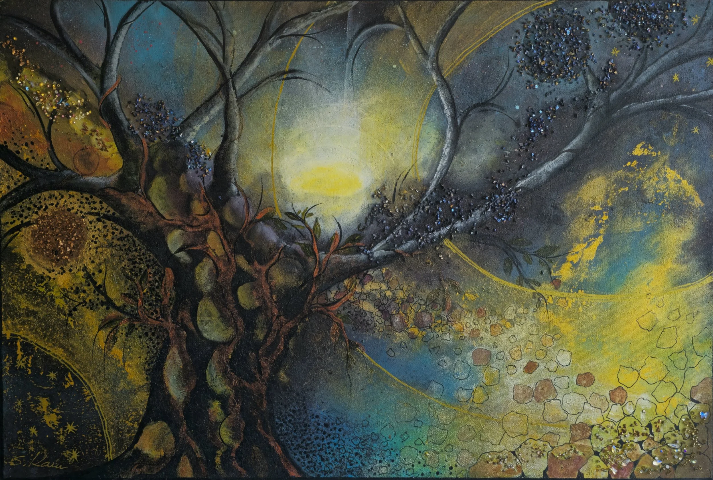 An abstract painting of a tree with dark, twisted branches and a glowing yellow sun in the background. The painting features textured details with beads and small shapes in shades of blue, yellow, and brown.