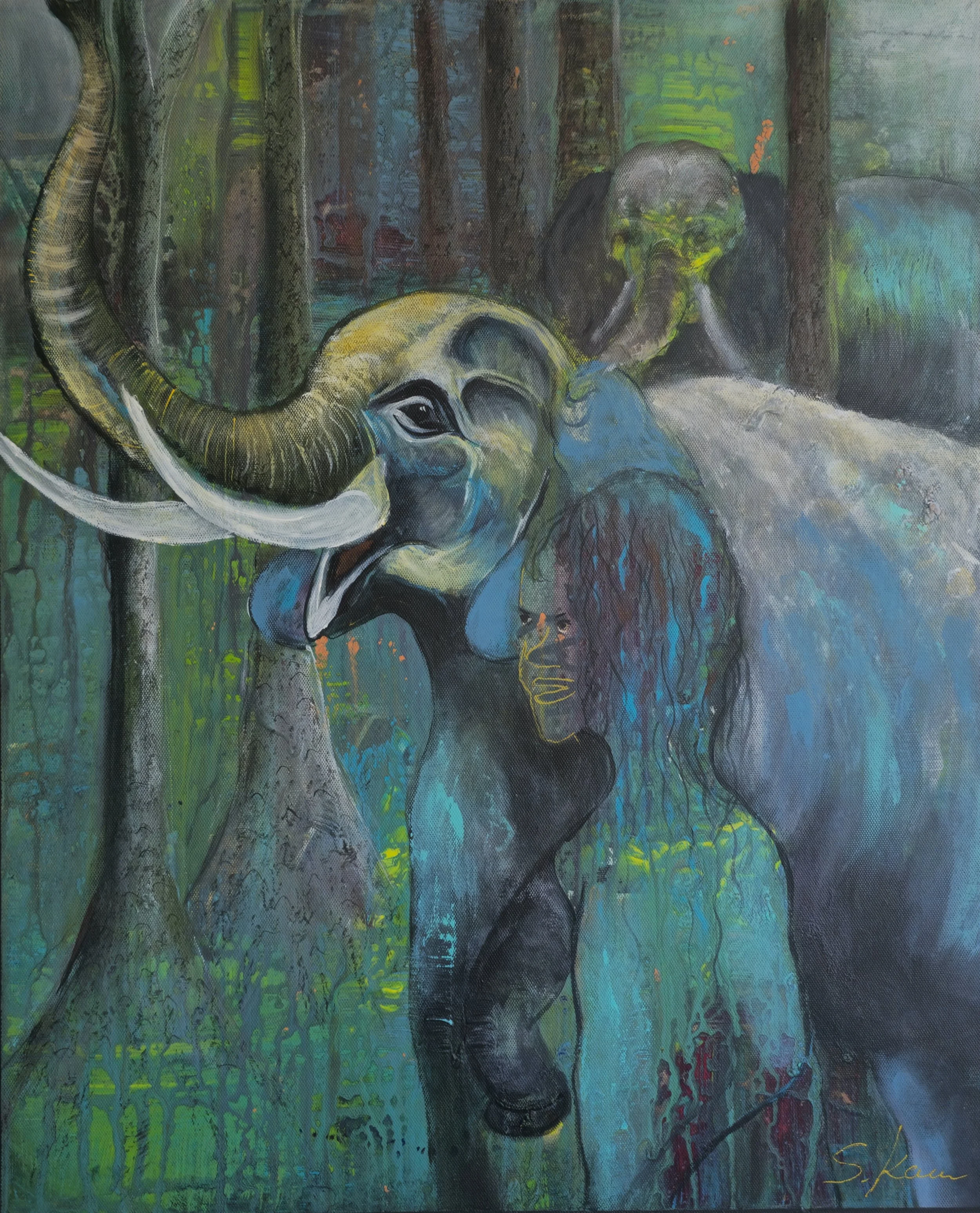 Painting of two elephants in a forest, one in the foreground with a large curved tusk, and the other in the background. The artwork features vibrant colors and abstract elements, including a woman's face blended into the scene.