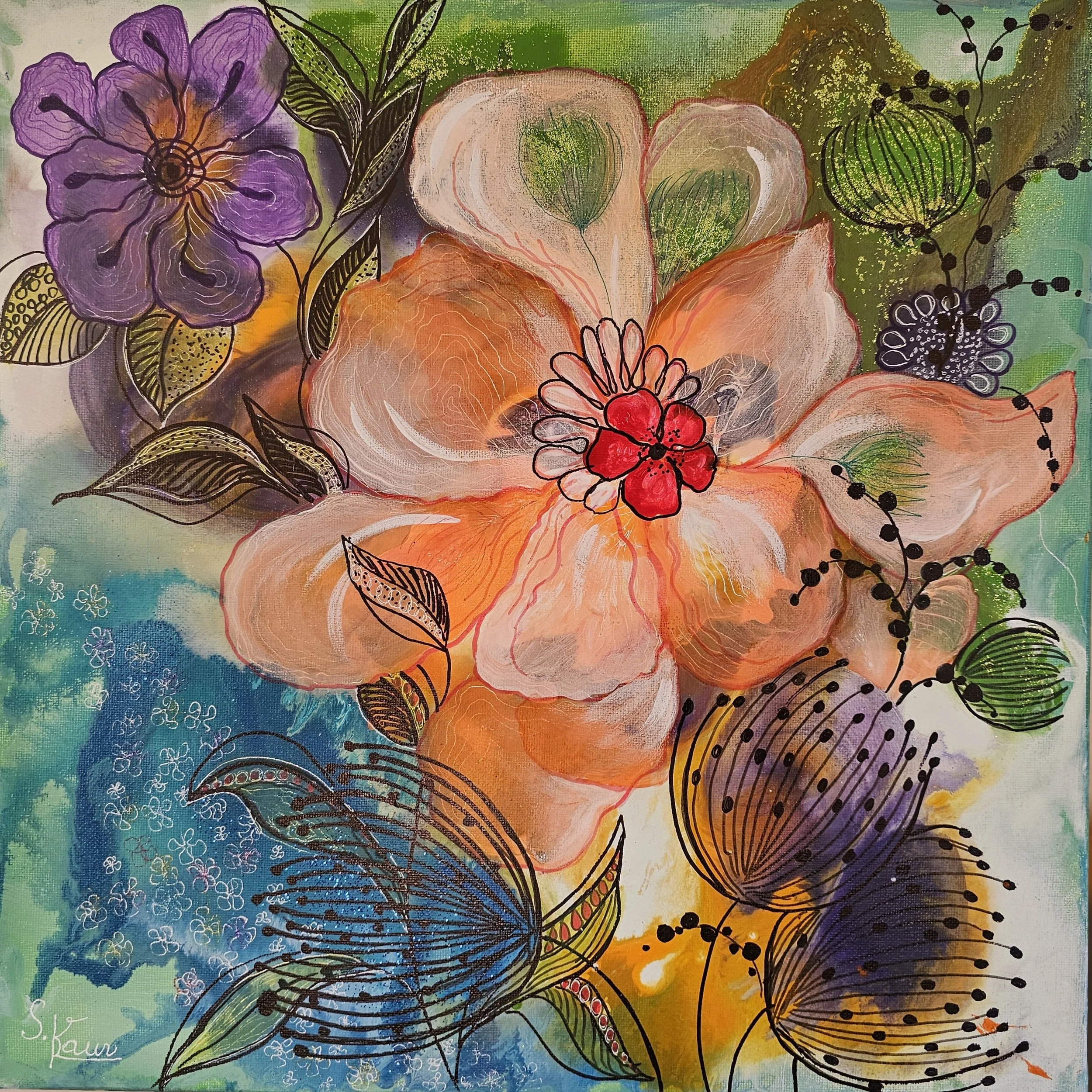 A colorful painting of a large orange and pink flower surrounded by various leaves, smaller flowers, and black-lined decorative elements on a vibrant background of greens, blues, and purples.