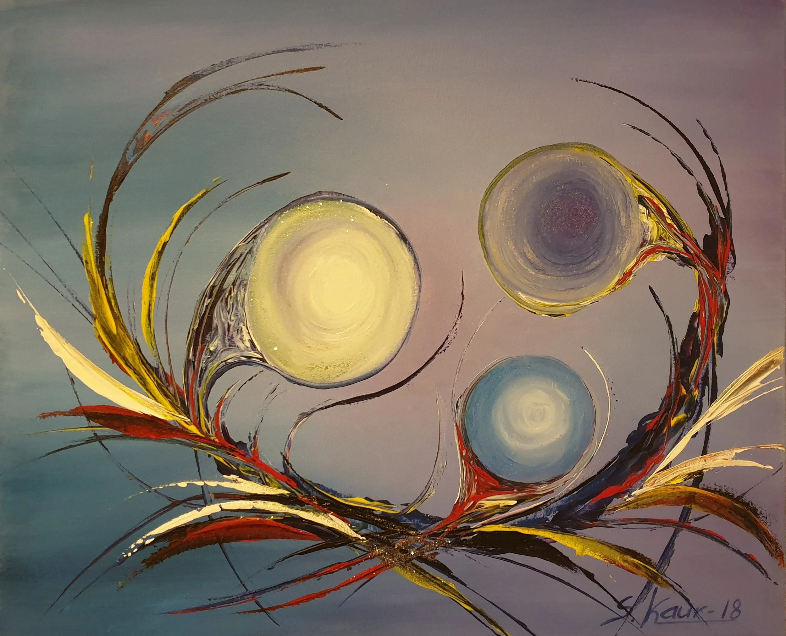 Abstract painting with three glowing circular shapes in shades of yellow, blue, and dark purple, surrounded by swirling lines and strokes in red, yellow, black, and brown on a gradient background.