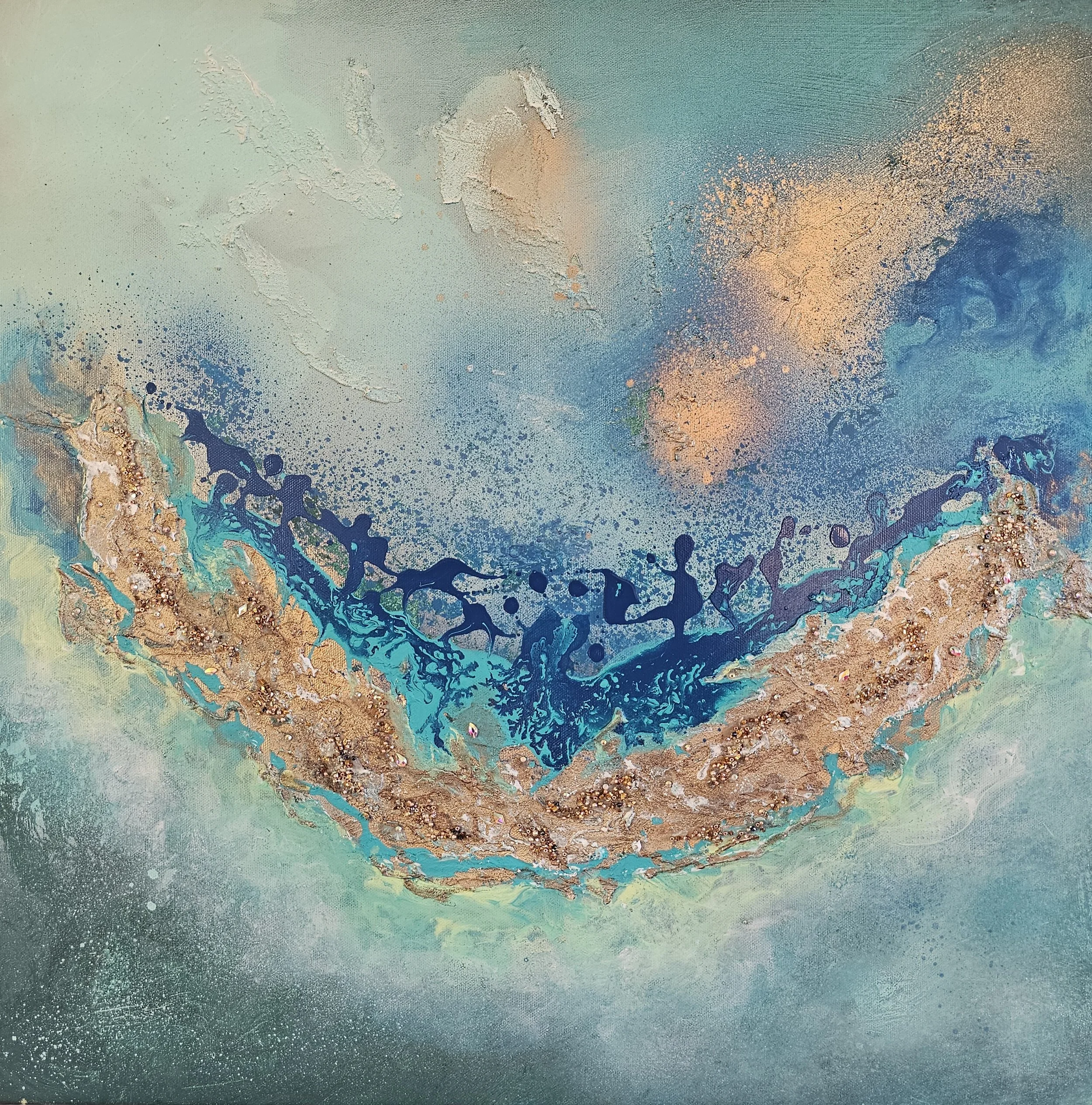 Abstract painting with swirling blue and gold elements, resembling a smiling mouth.