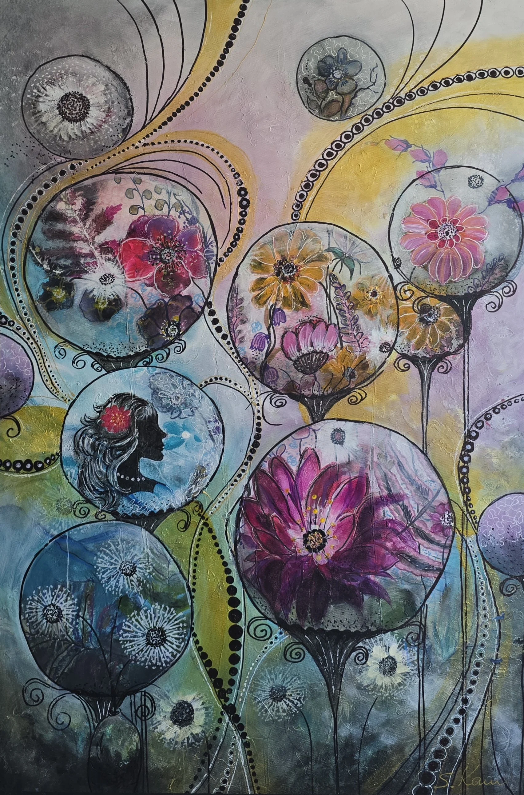 Abstract floral painting with colorful flowers inside circular outlines, features a woman’s silhouette with a flower in her hair, surrounded by swirling and dotted lines on a multicolored background.