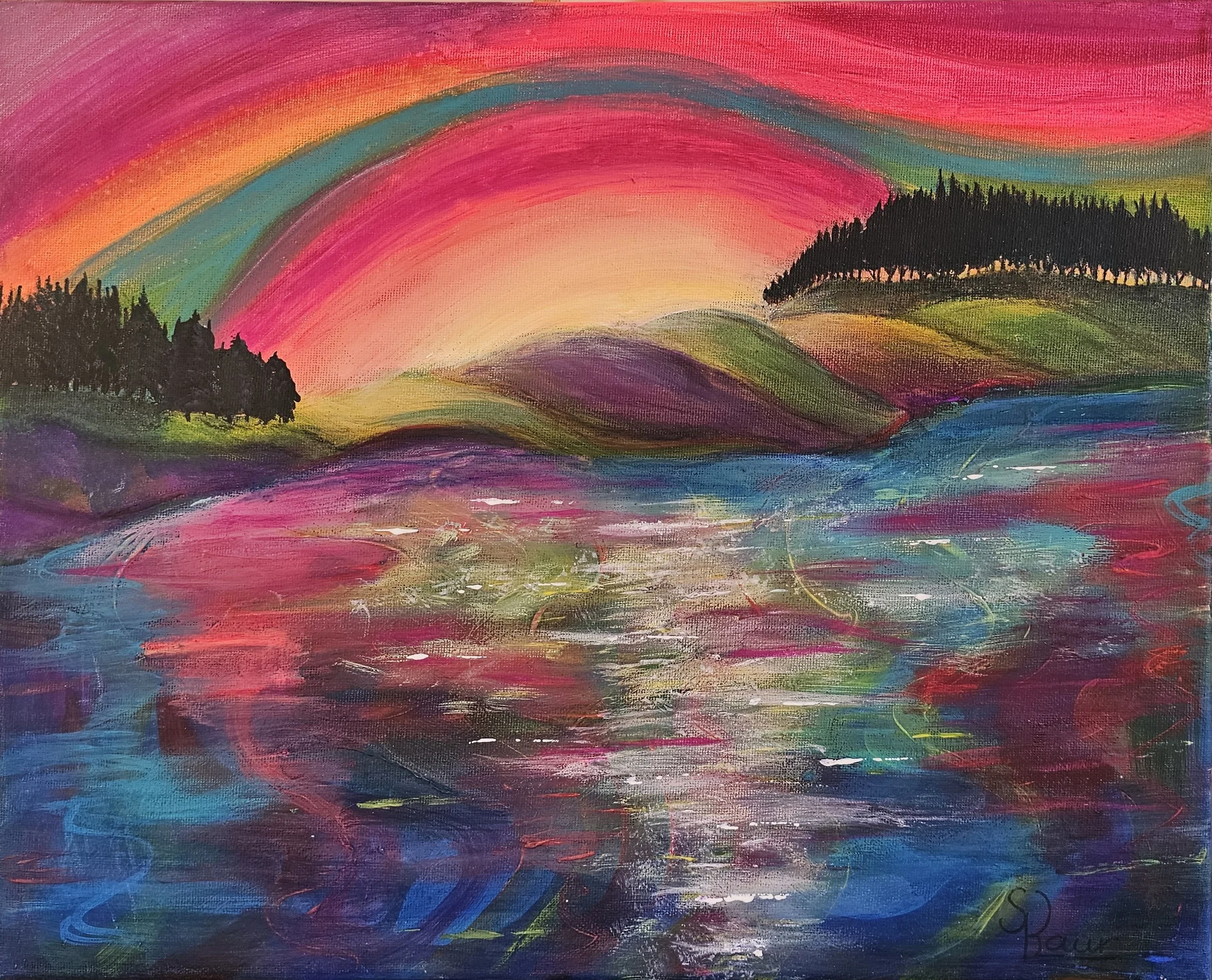 Colorful landscape painting of a river with reflections, surrounded by rolling hills and trees, under a vibrant sunset sky with a rainbow.