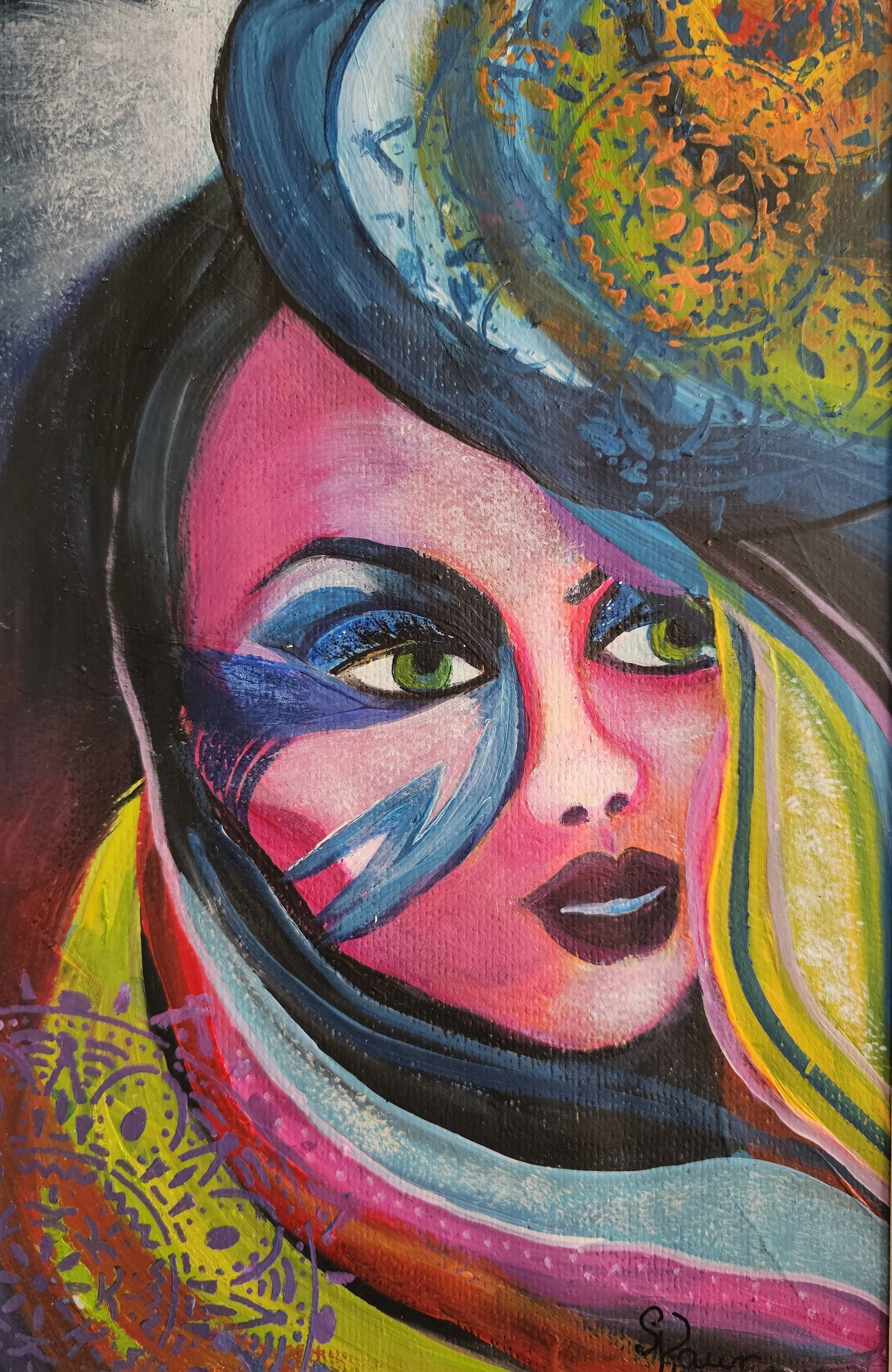 Colorful portrait of a woman with striking green eyes, dark lipstick, and a wide-brimmed hat with intricate patterns. The artwork features vibrant colors including pink, blue, yellow, and orange.