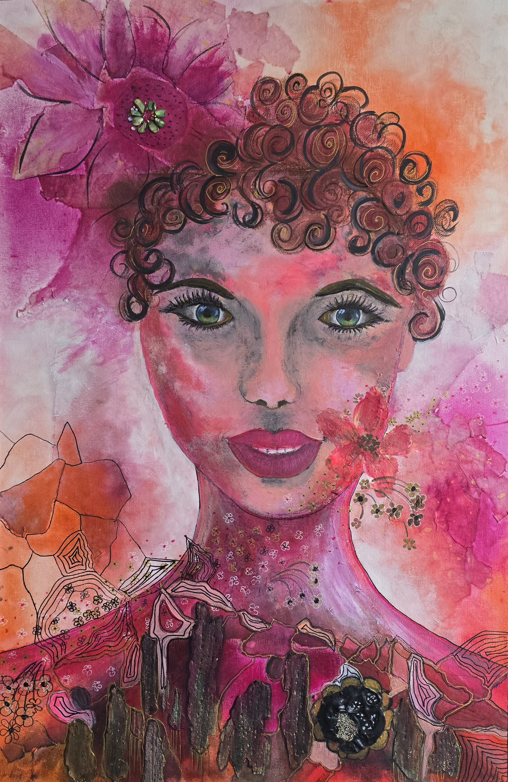 A vibrant mixed-media portrait of a woman with curly hair, bright eyes, and colored makeup, surrounded by floral and abstract elements in pink, orange, and gold tones.