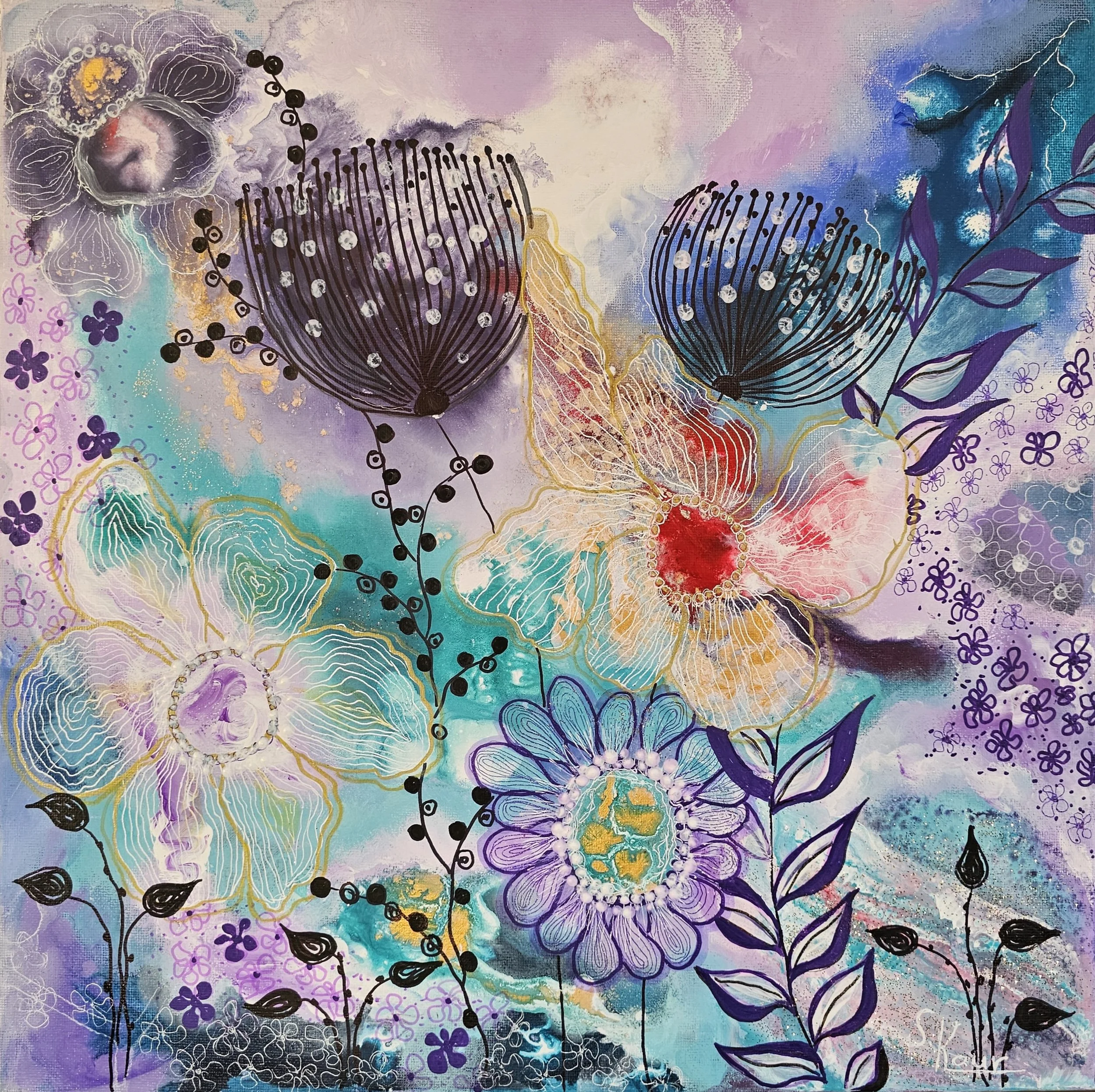 Colorful abstract painting of flowers with various shapes and vibrant colors, including purple, red, blue, and gold accents.