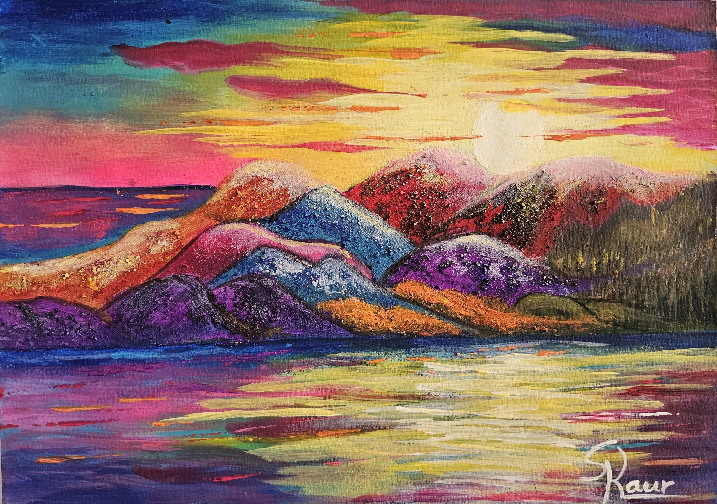 A colorful painting of a mountain landscape at sunset, with a bright sun, vibrant sky, and reflecting water below, signed by Kaurr.