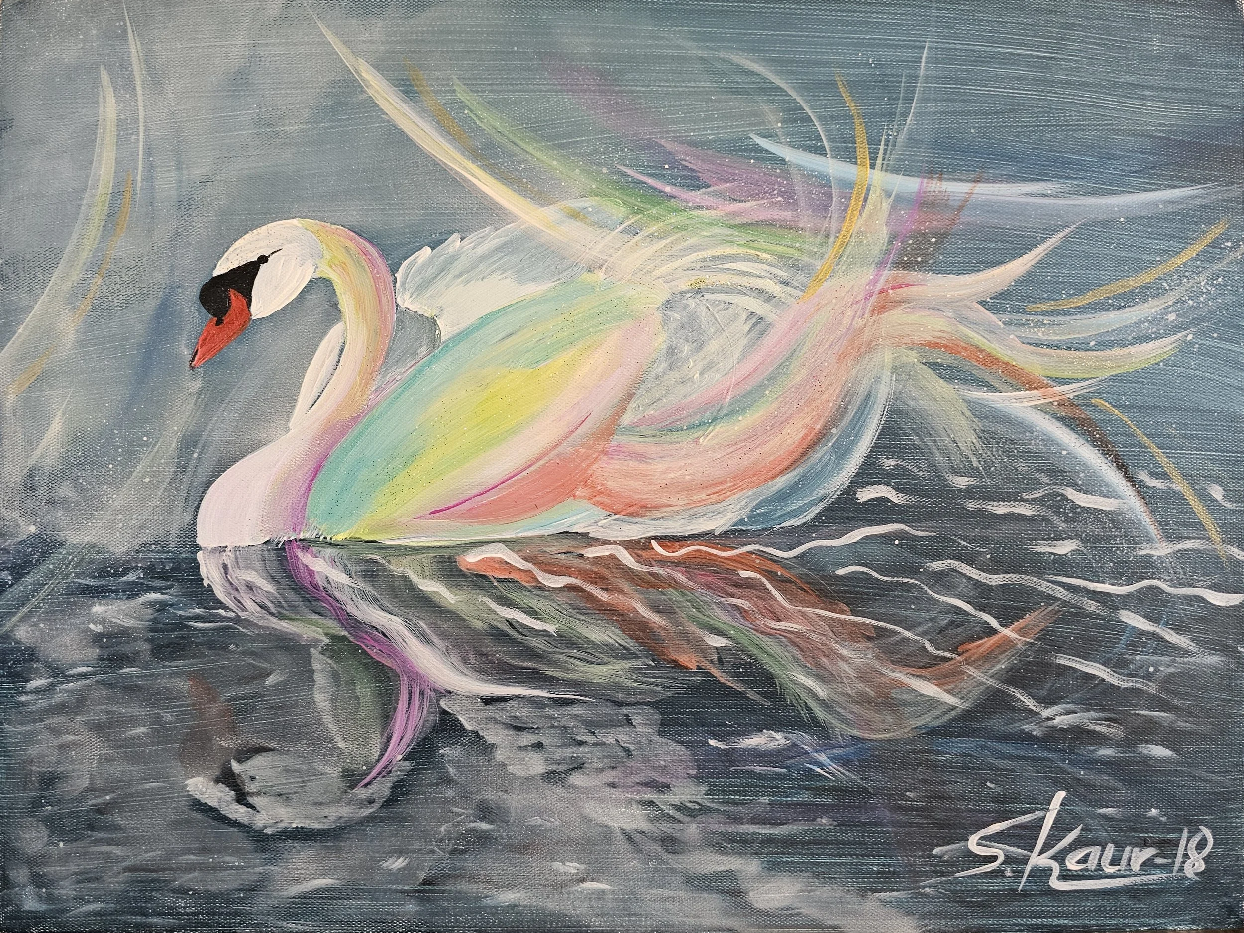 A colorful painting of a swan on water with a stylized, abstract background, featuring bright pastel and vivid colors.