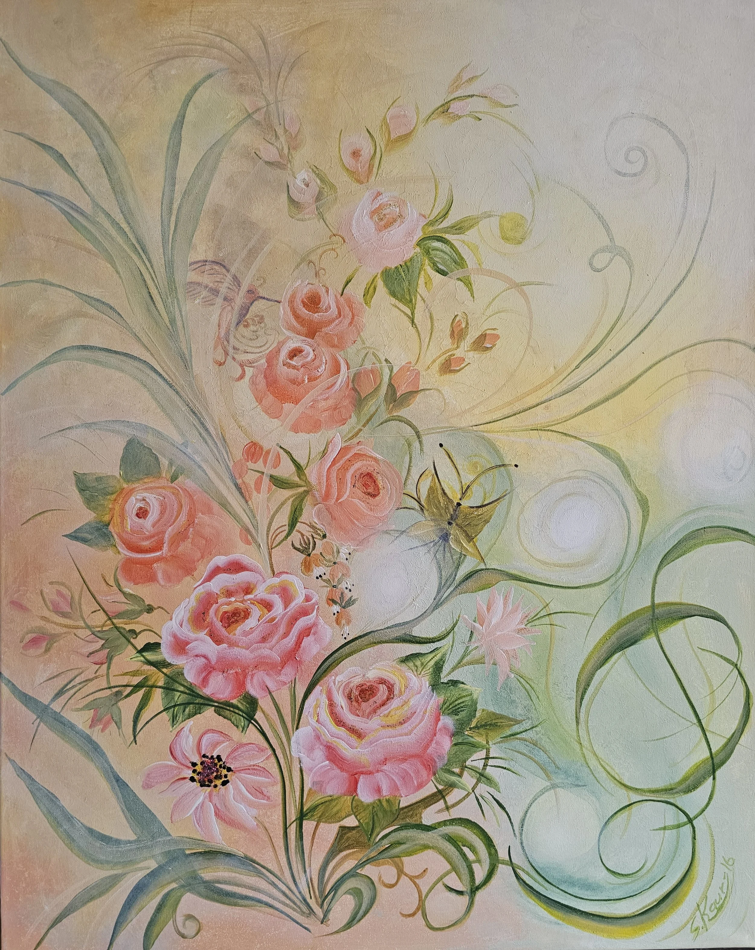 Soft pastel painting of pink roses, yellow butterflies, and green swirling vines on a light background.