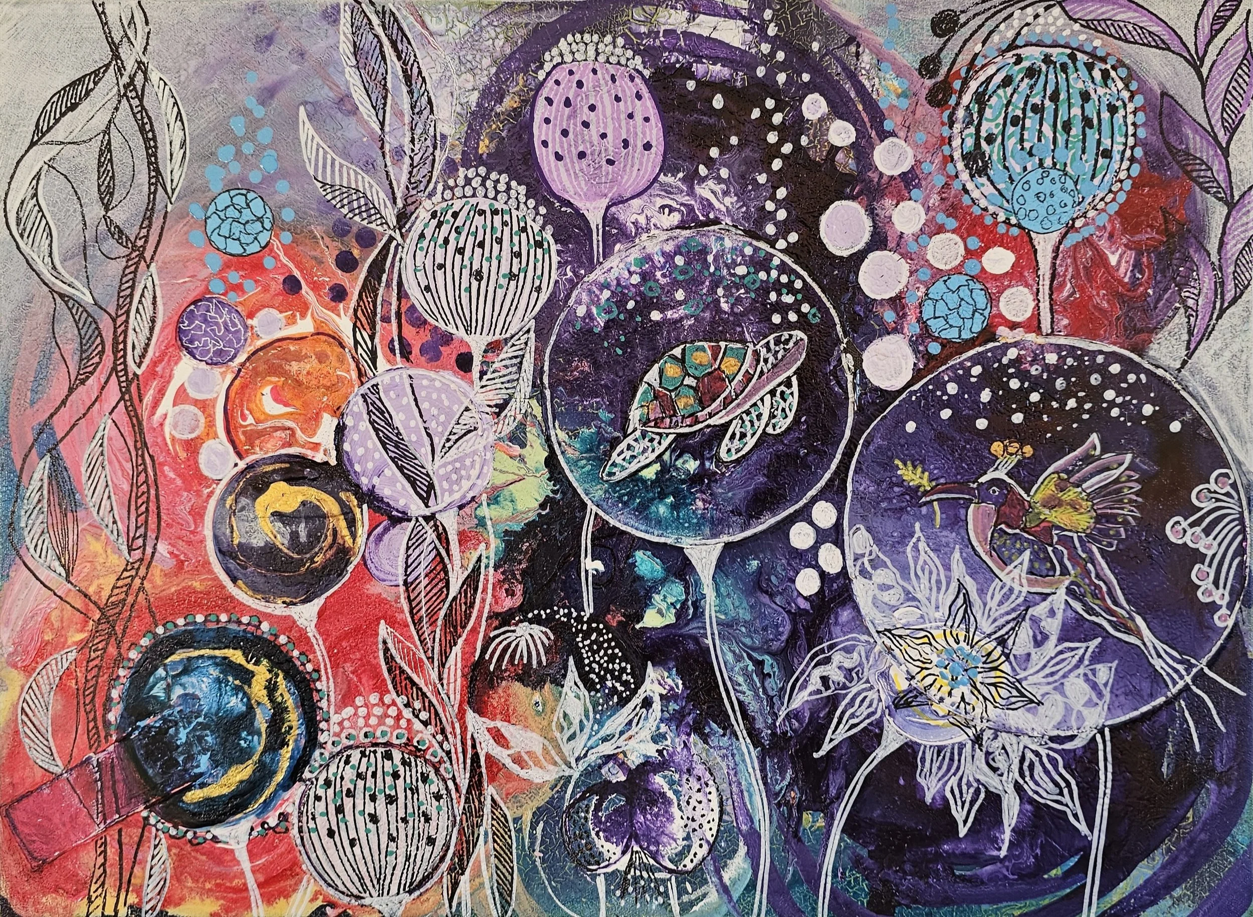 Abstract colorful artwork with planets, UFOs, and mythical creatures in a cosmic setting, featuring floral and celestial motifs, galaxy-like backgrounds, and vivid colors.