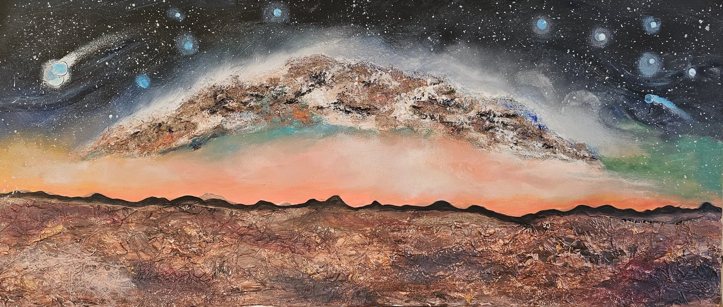 Abstract painting of a mountain landscape under a starry night sky with bright stars and a colorful sky.