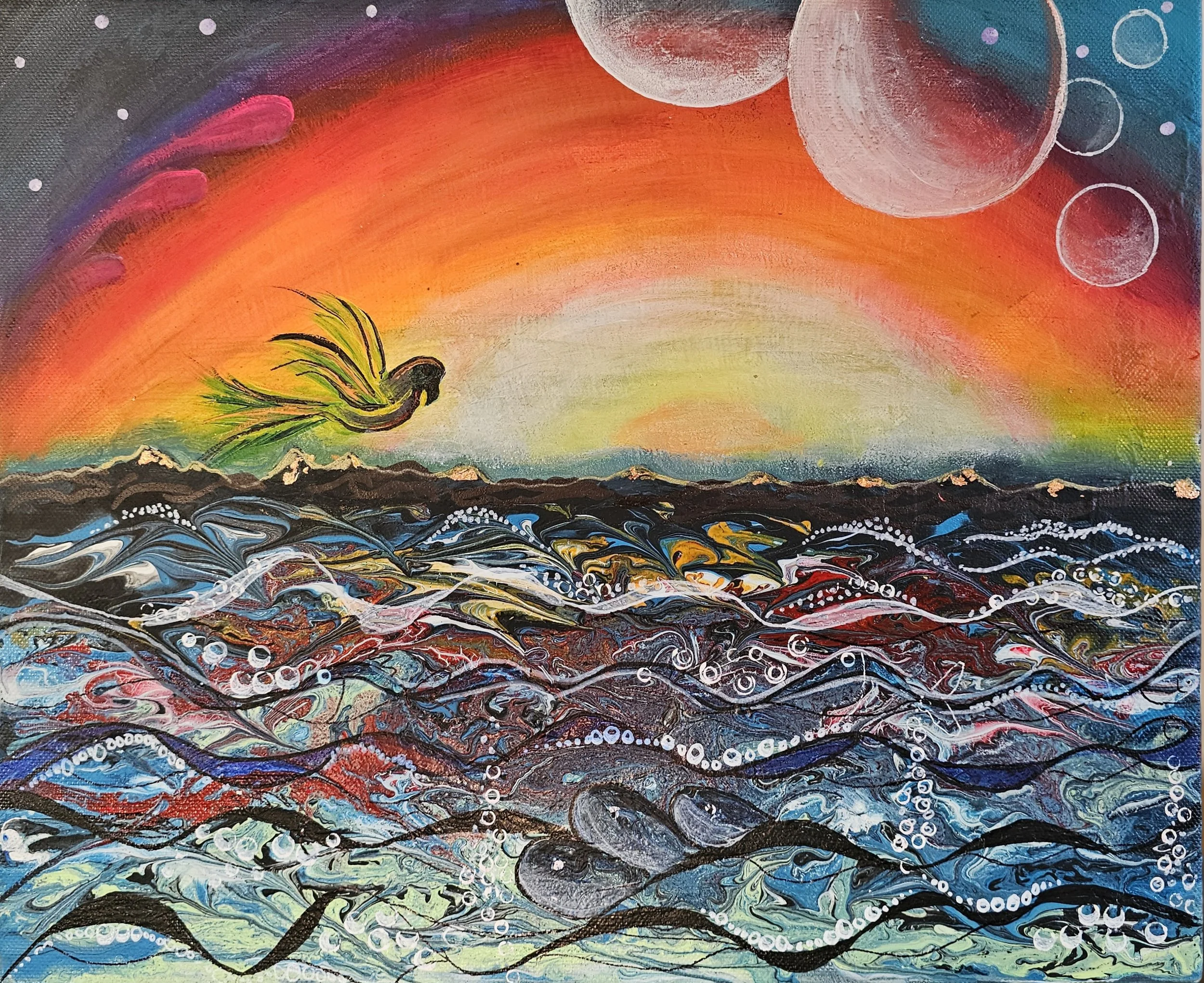 Abstract painting depicting a vibrant sunset with sky transitioning from orange to blue, multiple moons in different phases, a flying yellow and green bird, and swirling dark blue and black ocean waves with white foam and bubbles.