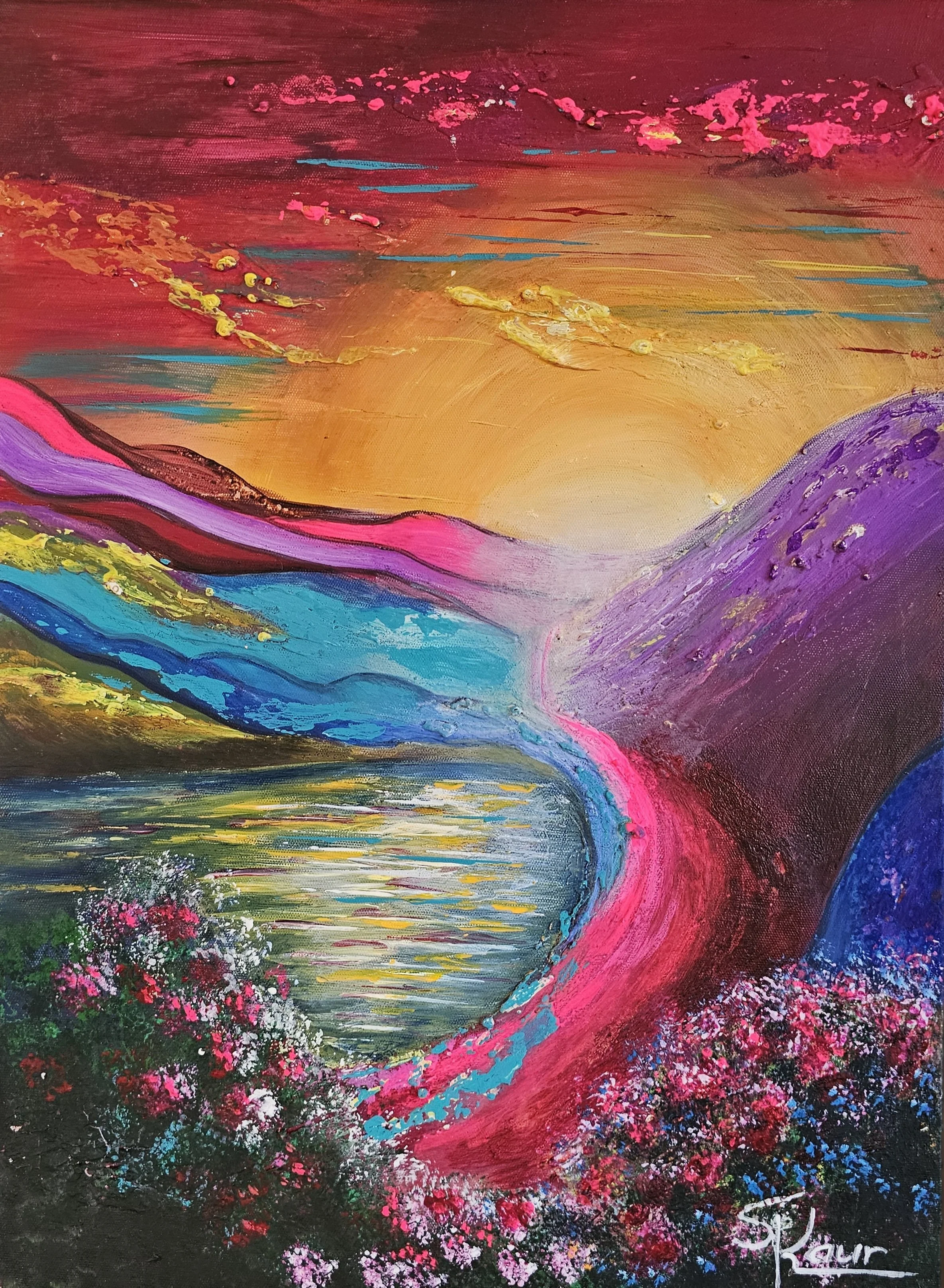 Abstract painting of a sunset over a colorful mountain landscape with a winding river, pink flowers in the foreground, and warm hues of yellow, orange, pink, purple, and blue.