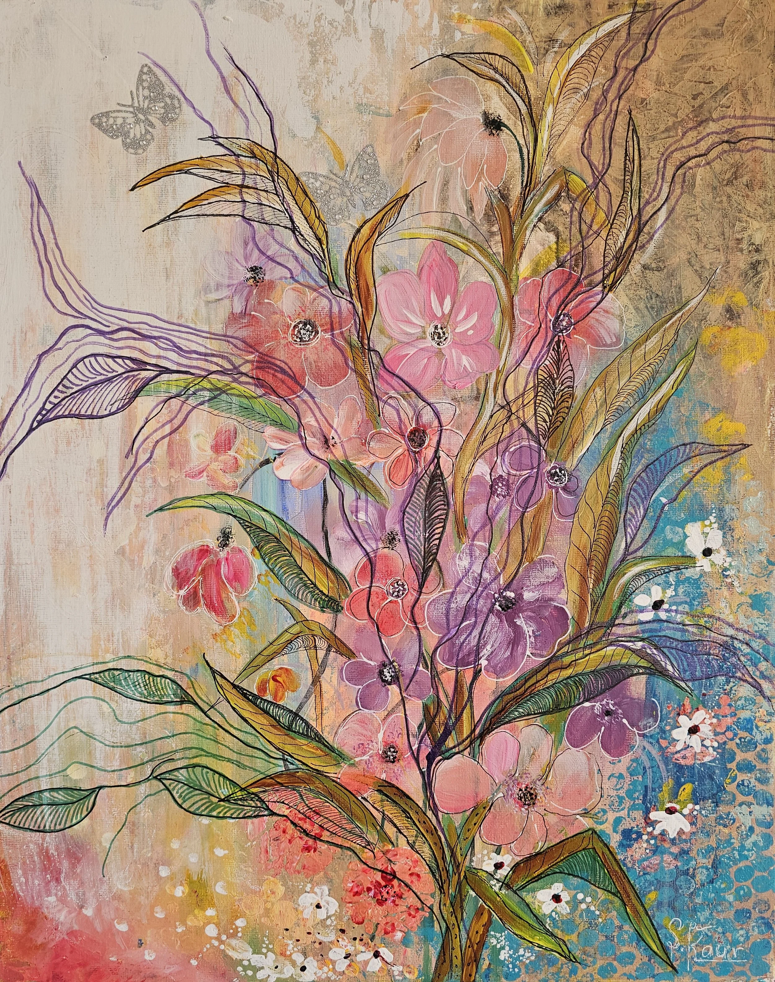 Colorful floral painting with pink, purple, and orange flowers, green and yellow leaves, and butterfly accents on a textured background.