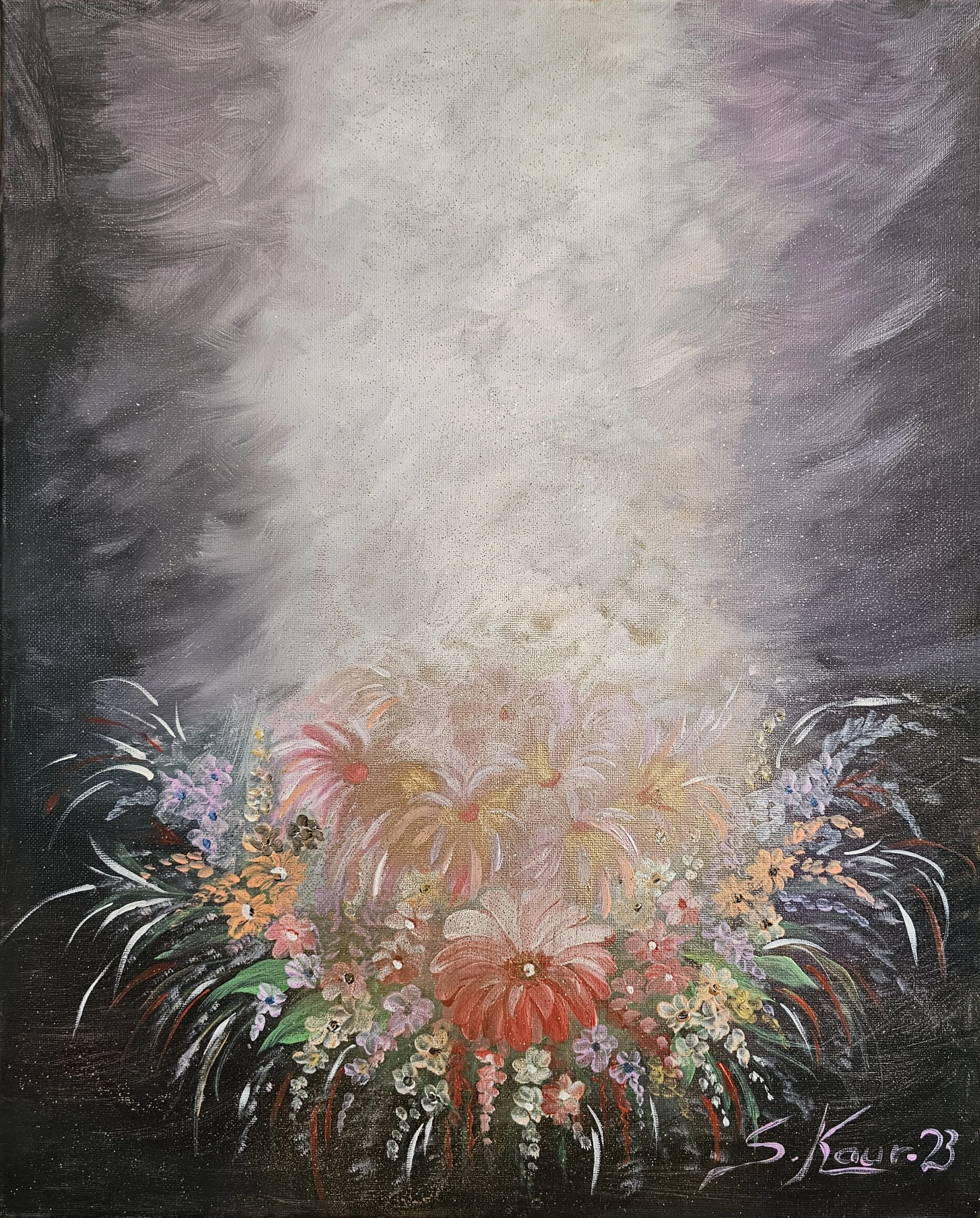 A floral painting featuring a colorful bouquet of flowers at the bottom, with a light, muted background and a signature 'S. Kaur.23' in the bottom right corner.