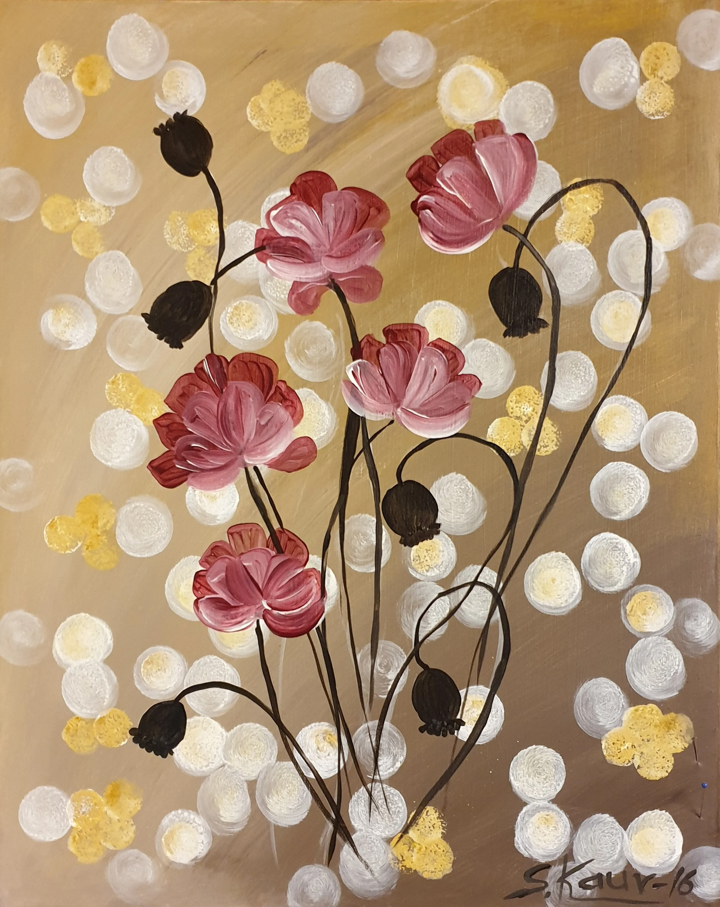 Painting of pink flowers with black stems on a background of white and yellow dots.