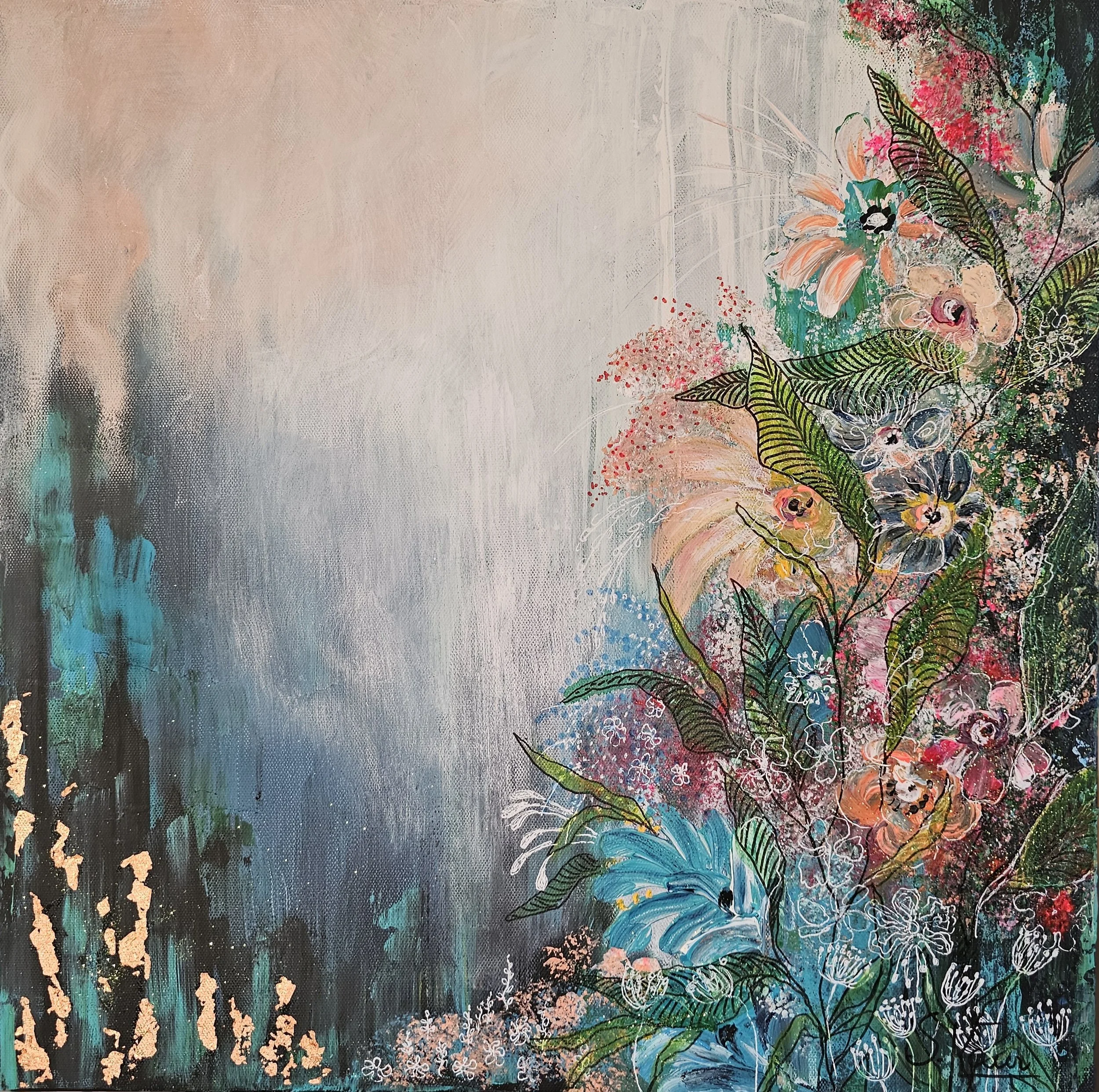 An abstract painting of flowers and greenery with a gradient background, featuring bright and pastel colors, and intricate line work.