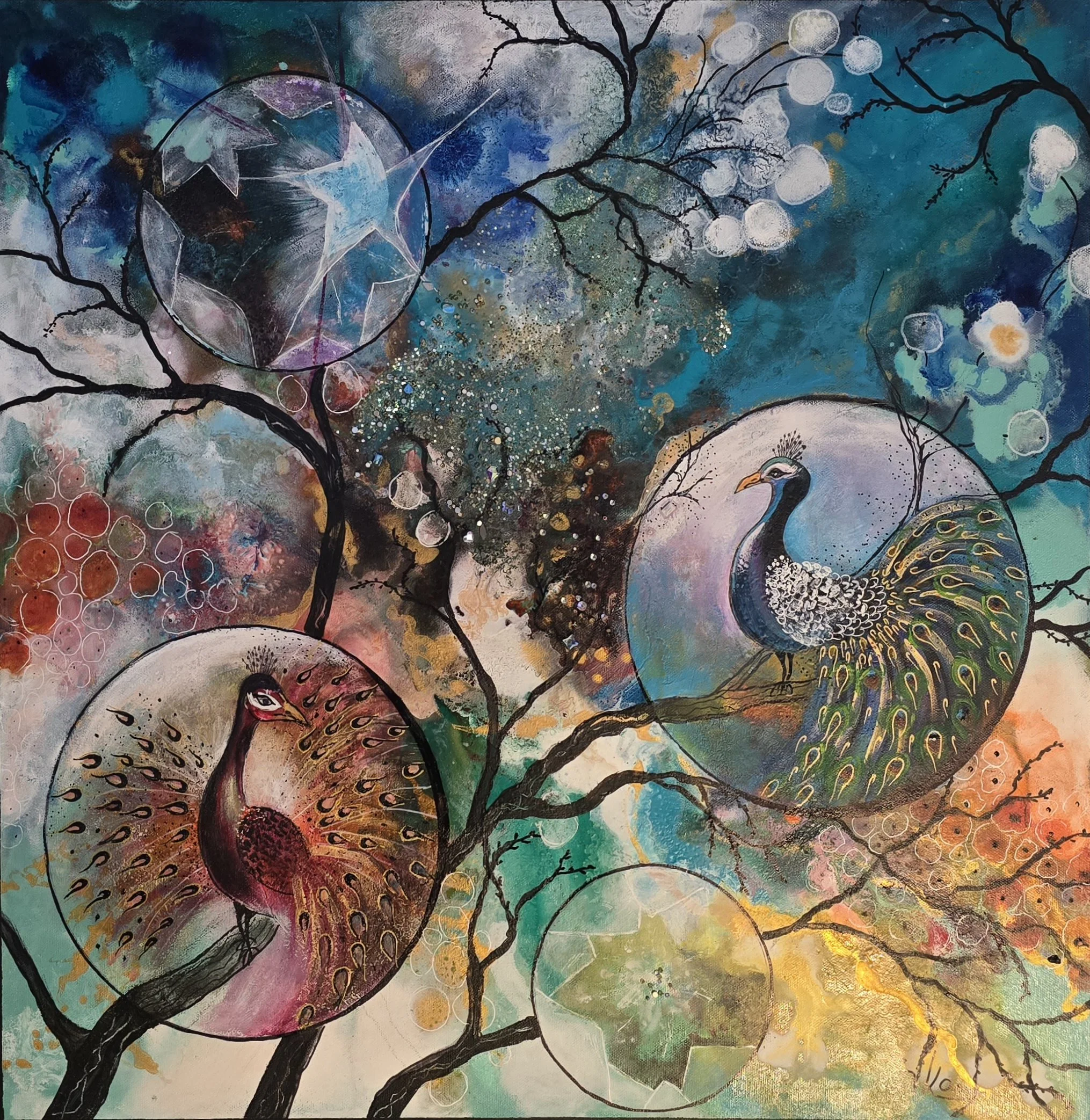 Colorful abstract painting of three peacocks within circular frames perched on tree branches, surrounded by vibrant splashes of color and abstract elements.