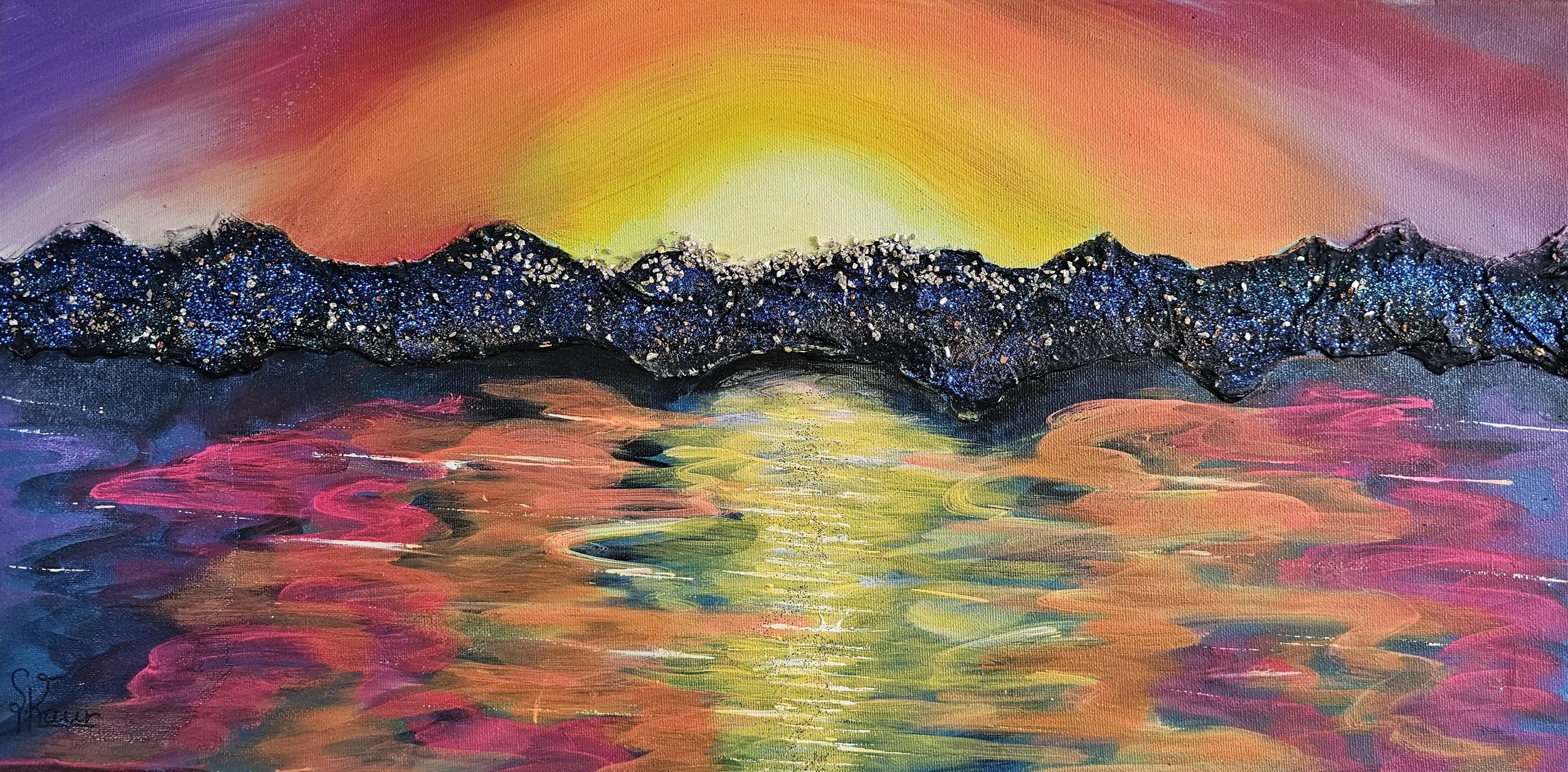 A colorful painting of a sunset over a mountain range reflected in a body of water, with vibrant hues of orange, yellow, pink, purple, and blue, and textured black mountains with glitter.