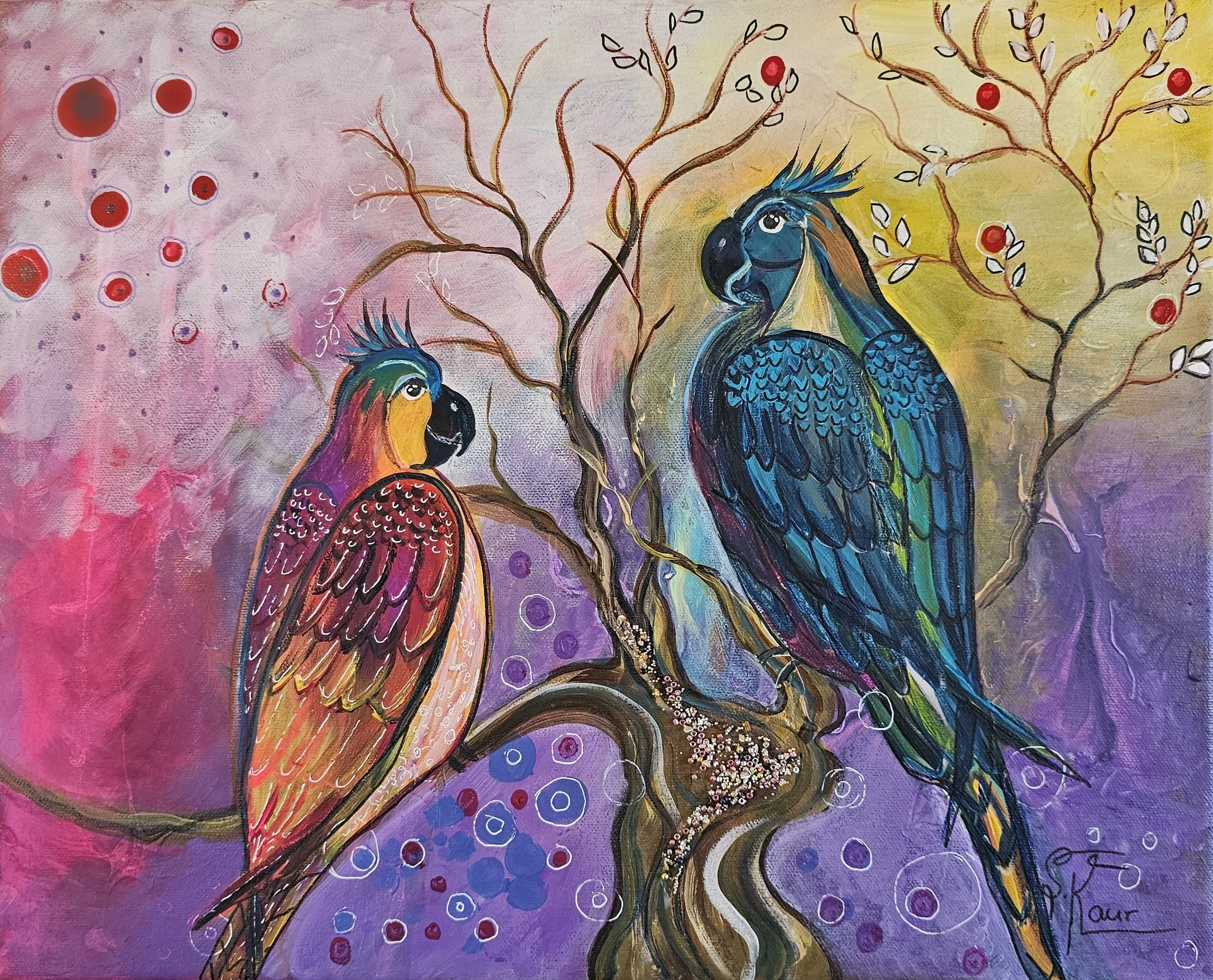 A colorful painting of two parrots sitting on a tree branch with a vibrant pink, purple, and yellow background and abstract circle patterns.
