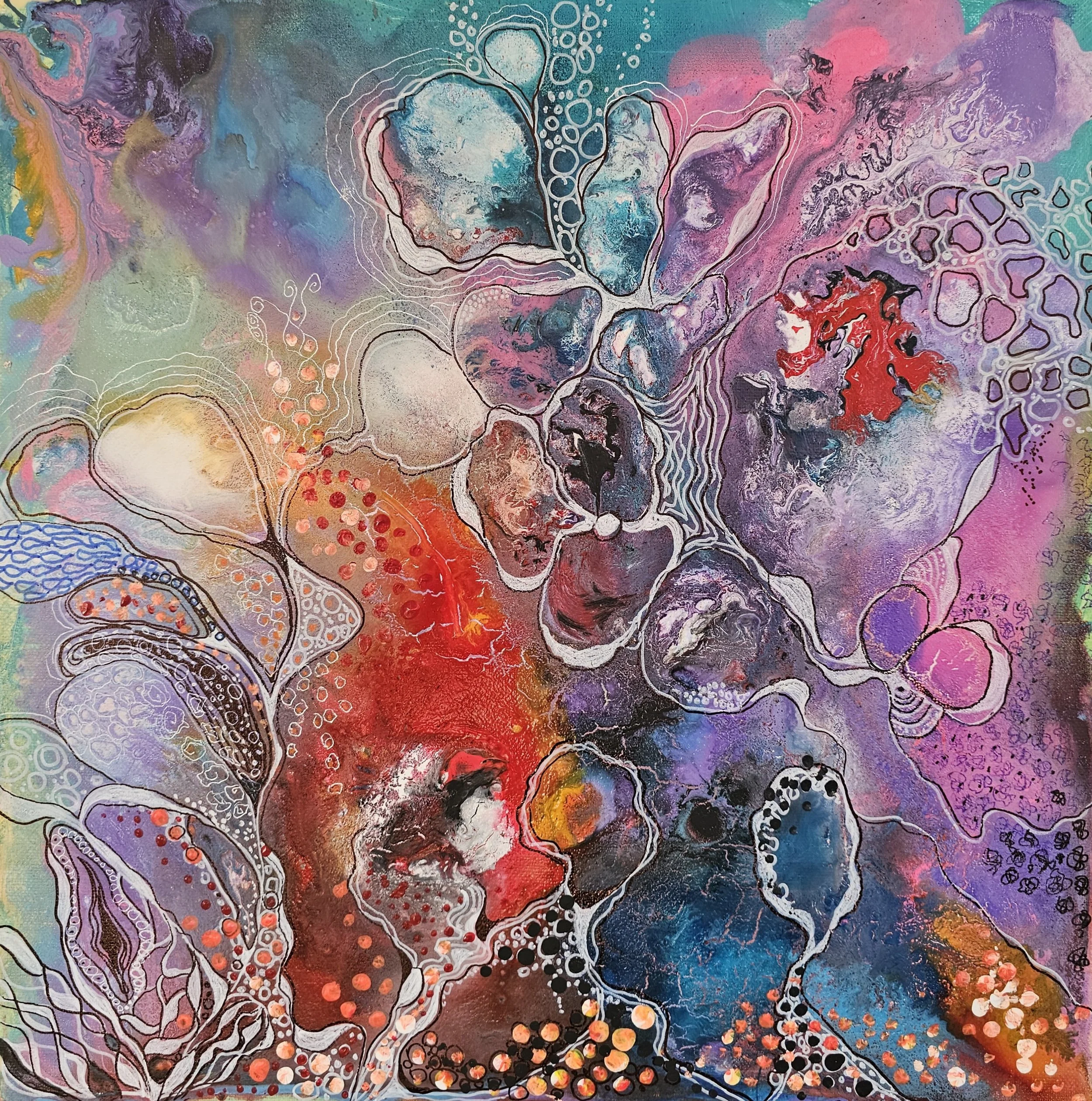 Abstract colorful painting with flower shapes, swirling patterns, and dotted details in various shades of purple, pink, blue, red, and black.