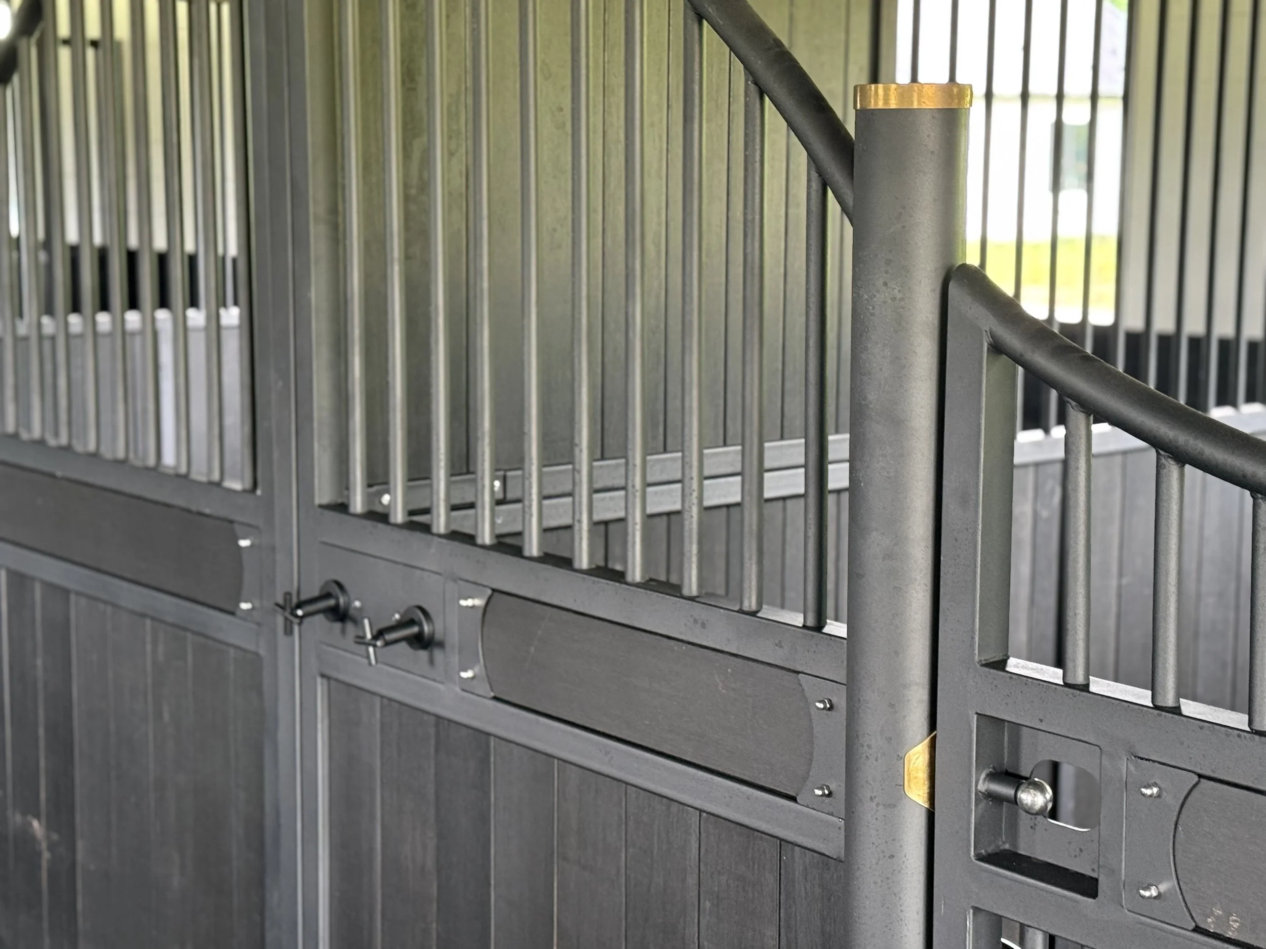 Close-up of a dog crate with metal bars, a door latch, and a black base, with a hint of outdoor scenery in the background.