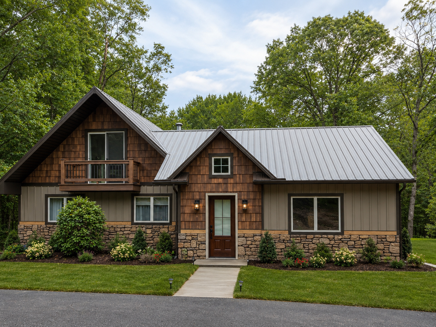 Front view of a house with a mix of wooden and stone exterior, a metal roof, and a landscaped lawn with bushes and small trees, surrounded by tall green trees.