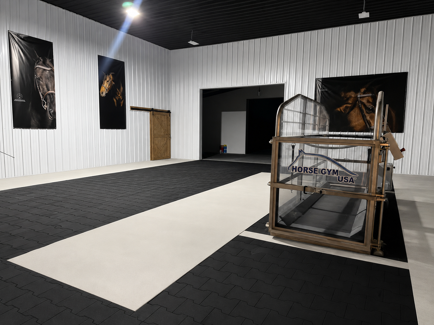 Interior of a horse gym with black rubber flooring, white walls with horse posters, a wooden sliding door, and a treadmill labeled 'Horse Gym USA'.