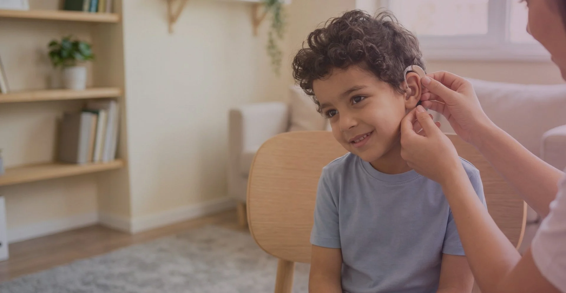 A young boy with curly hair sitting in a wooden chair, being fitted with a hearing aid by an adult in a cozy room.