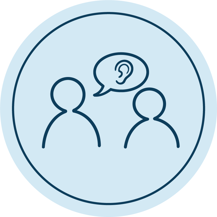 Outline of two people communicating, with a speech bubble containing an ear symbol between them, indicating conversation or listening