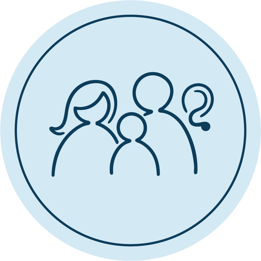 Line drawing of a family with a woman, a man, a child, and a question mark, inside a circle.