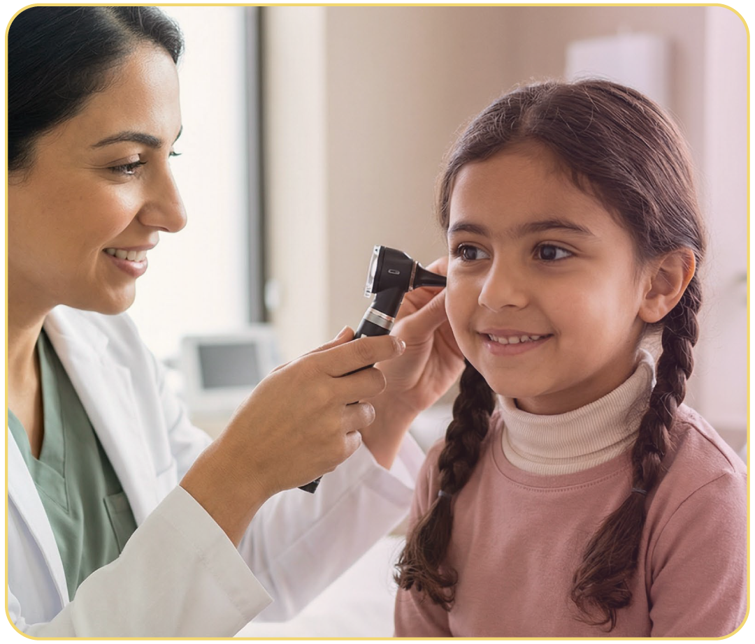 A female doctor examining a young girl's ear with an otoscope in a clinic setting.