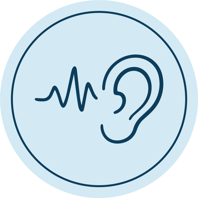A circular icon with a stylized ear and sound waves, representing hearing or auditory health.