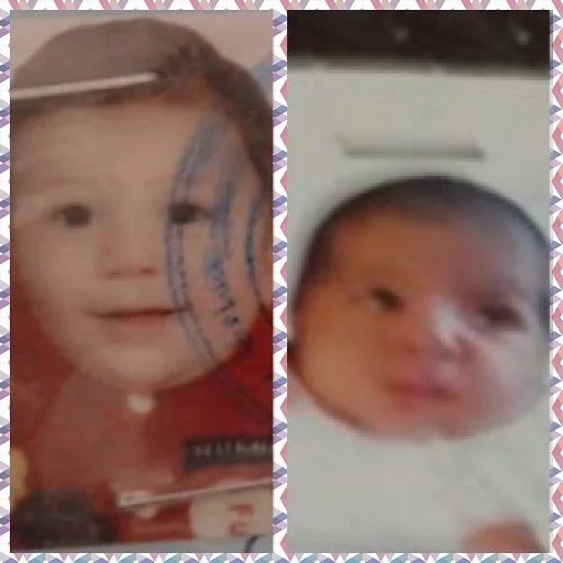 Photos of two young children, one with a stamp on the face and the other with a pacifier, lying in their cribs.