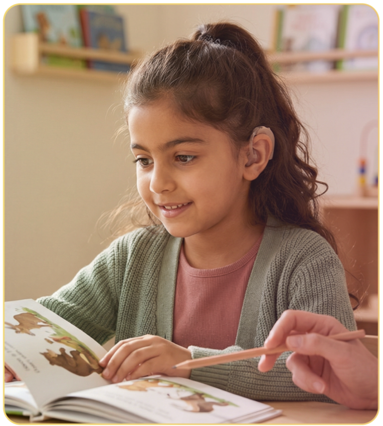 A young girl with curly brown hair reading a colorful picture book during a reading session at home or school.