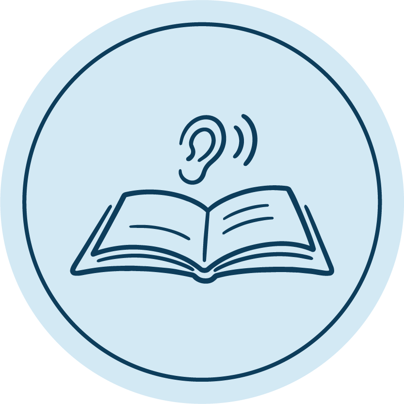 Icon of an open book with a raised ear above it, indicating listening or hearing