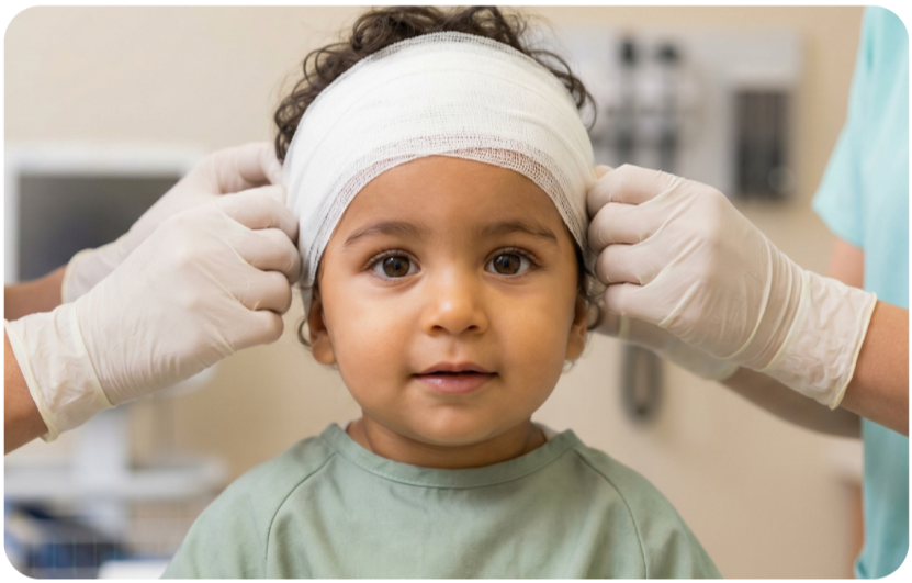 Young girl with a bandage around her head being assisted by medical professionals in a healthcare setting.