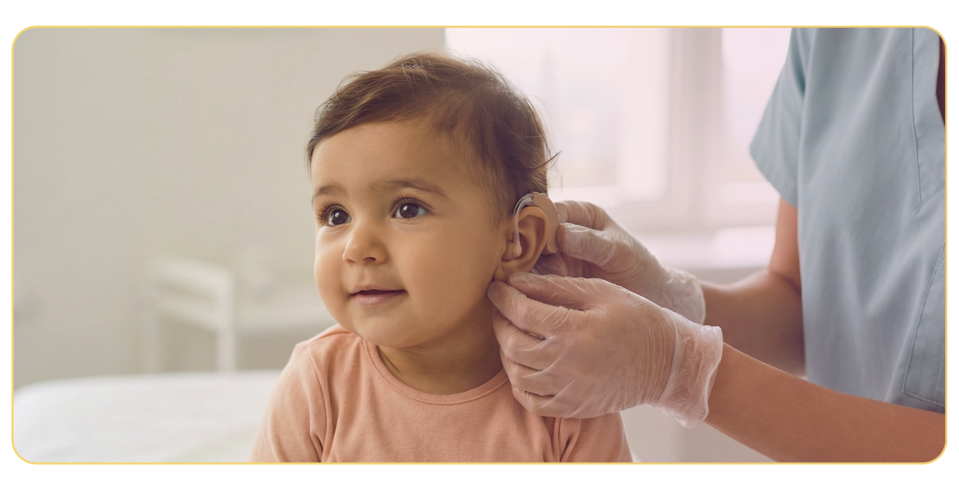 A young child getting a hearing test, with an audiologist adjusting an earpiece while the child sits patiently.