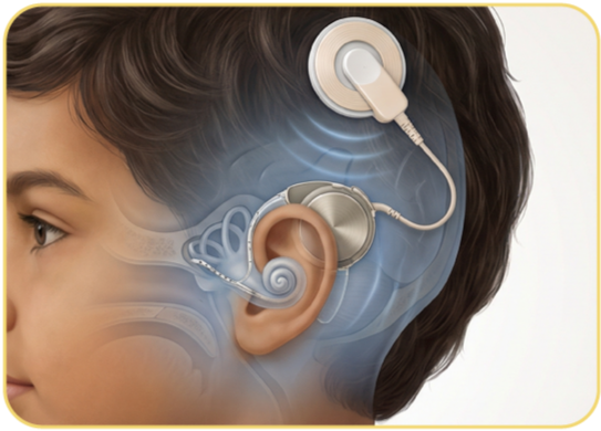 Illustration of a child with a cochlear implant in their ear, demonstrating the device's components including the external processor and internal electrode array.