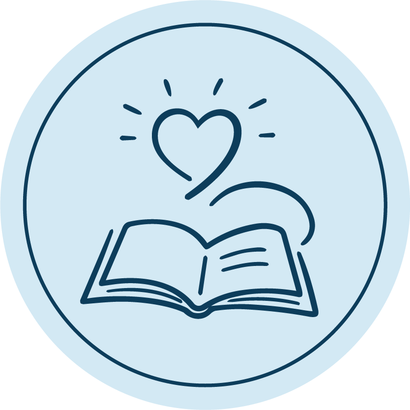 An open book with a heart and sun rays above it, surrounded by a circular border.