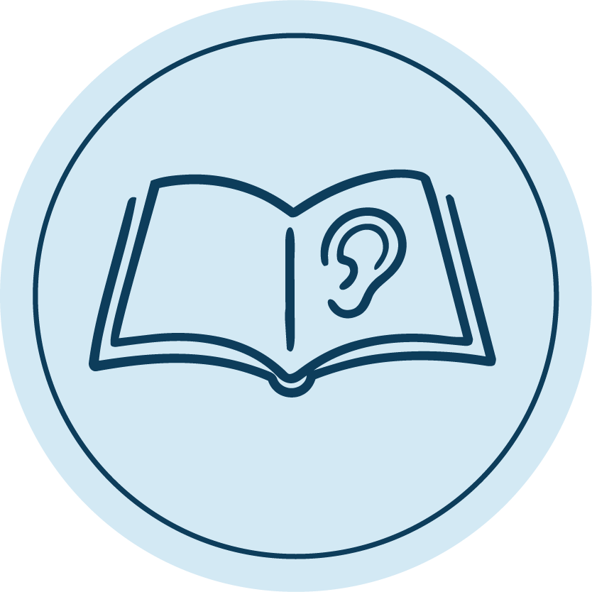 Icon of an open book with a question mark inside it and an ear symbol on one page, representing hearing or auditory learning.