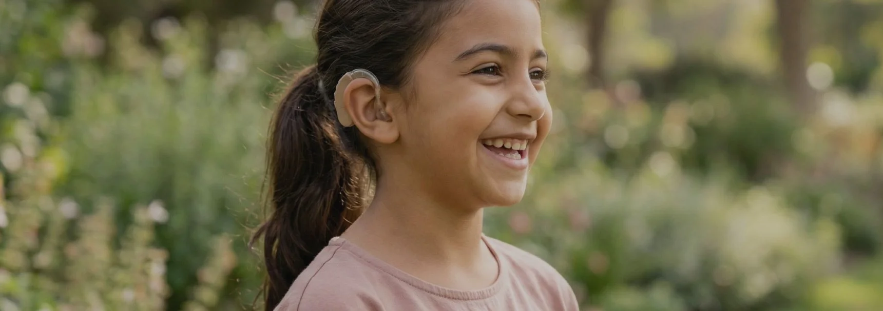 A young girl smiling outdoors with a hearing aid in her ear, surrounded by greenery.