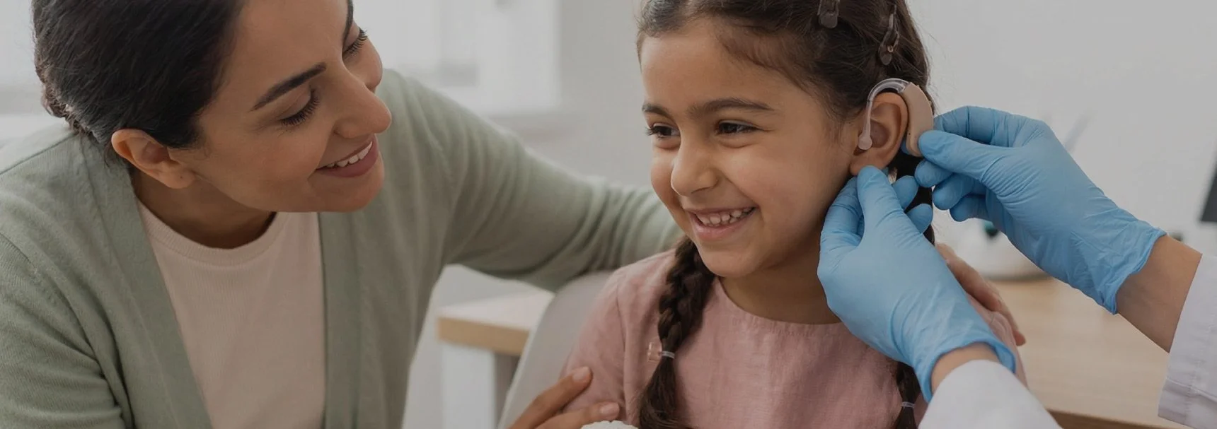 A smiling young girl with braided hair is being examined by a healthcare professional wearing blue gloves, while an adult woman lovingly supports her during the visit.