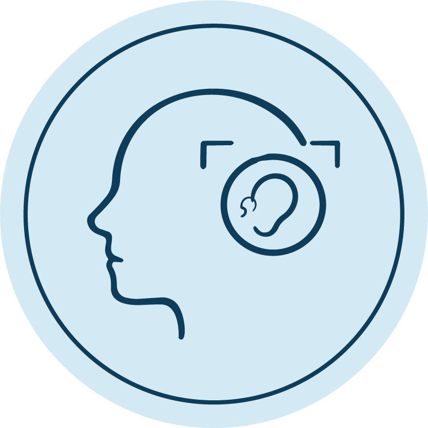 Outline illustration of a human head with an ear highlighted, indicating listening or hearing focus.
