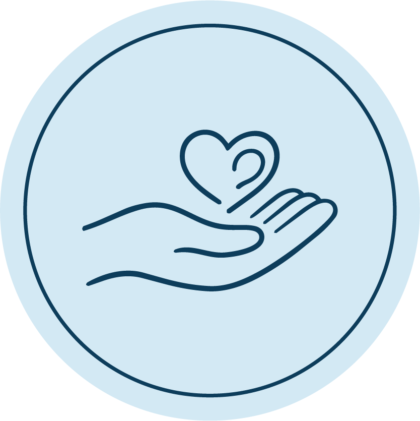 Outline of a hand holding a heart, symbolizing care or support