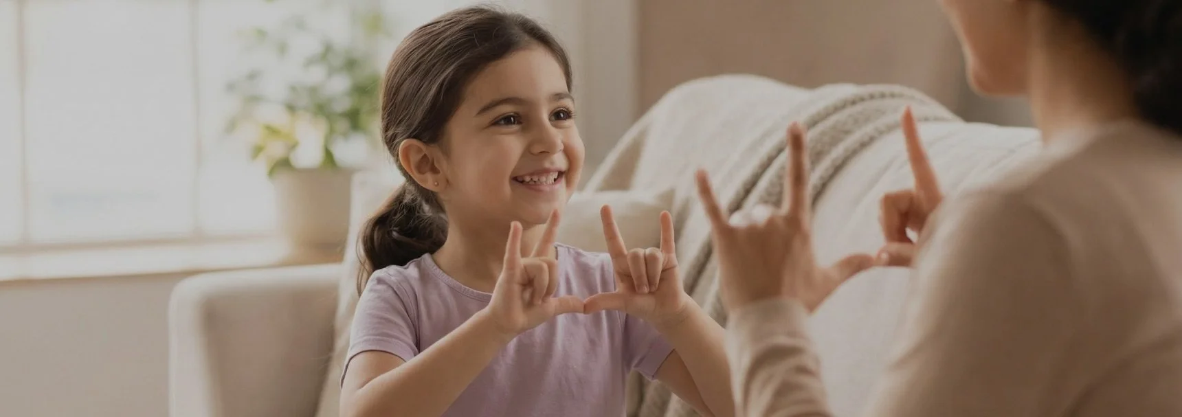 A young girl smiling and playing with an older woman, making hand gestures indoors.