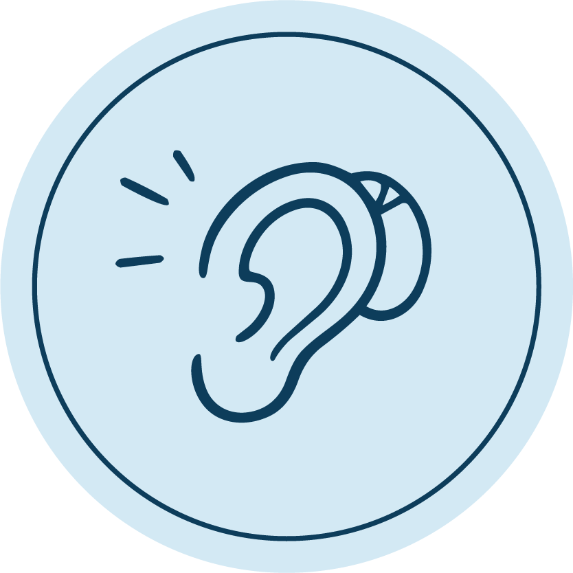 Icon of a human ear with sound waves emanating from it, symbolizing hearing or listening.