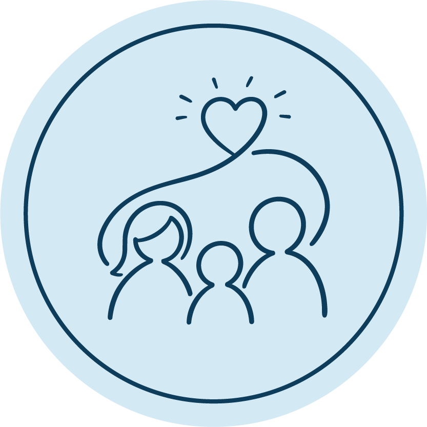 A simple line drawing of three people, two adults and one child, with a heart connected to their heads suggesting love or family connection.